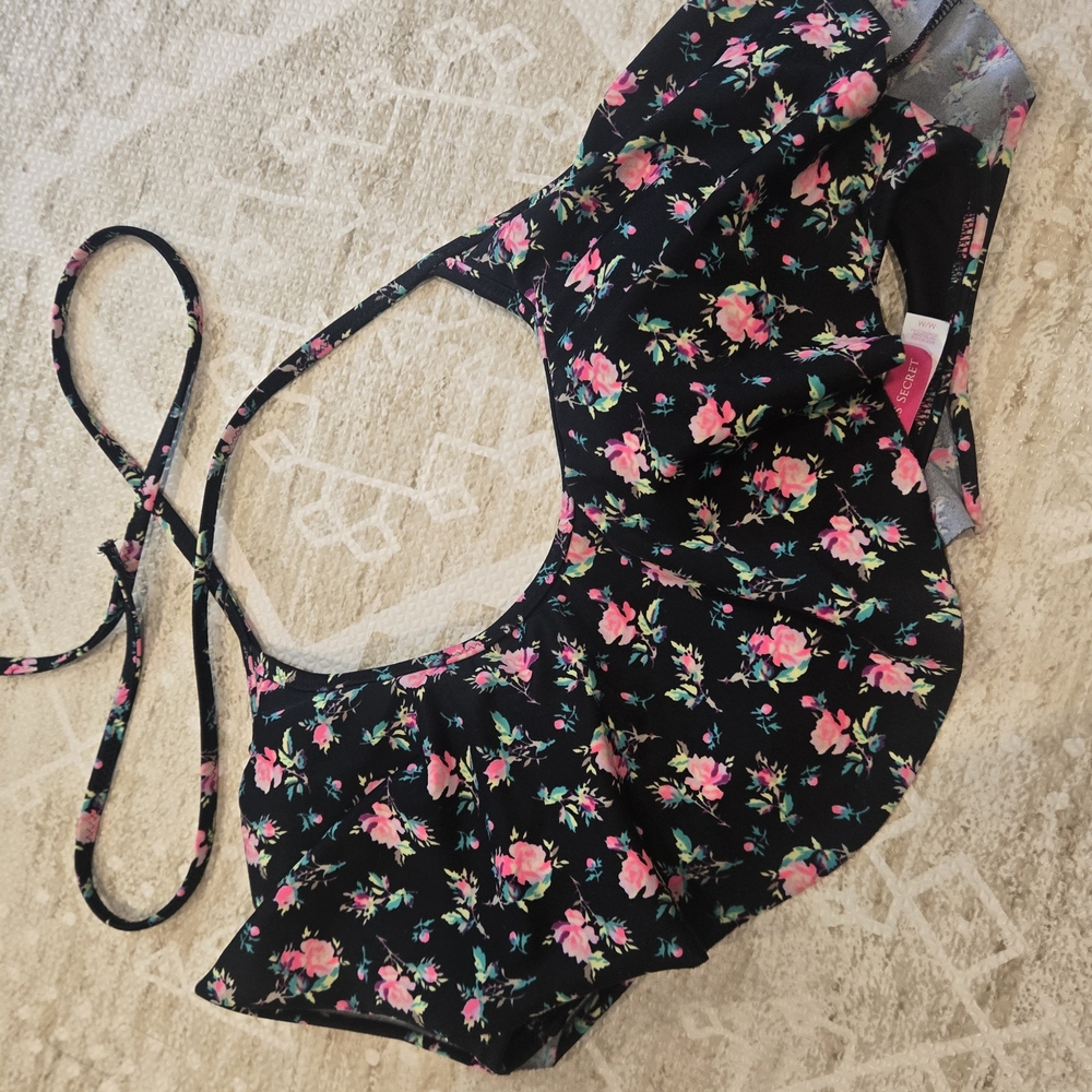 Victoria's Secret Black and Pink Floral Bikini Top